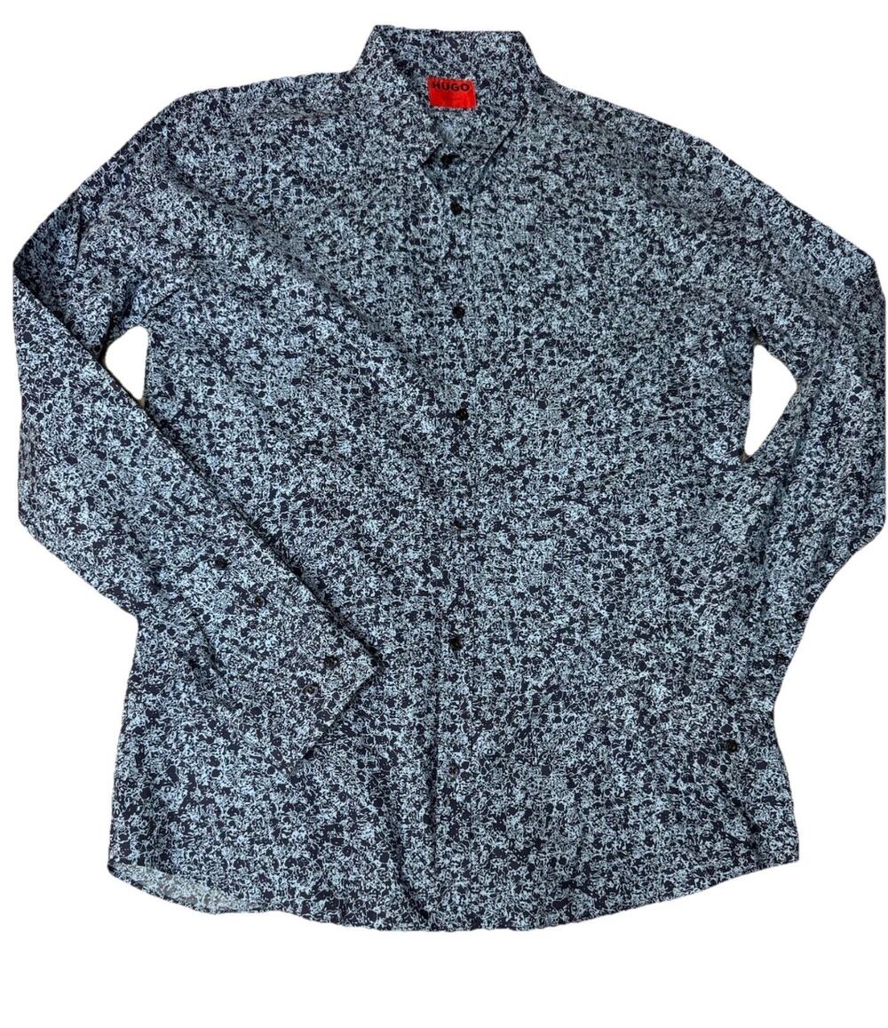 Hugo Boss Extra Slim Fit Dress Shirt Blue Floral Button Up Long Sleeve Work Sz L